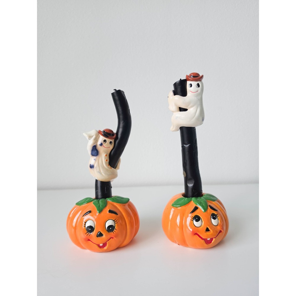 Lefton Vintage Halloween Ceramic Pumpkin Ghost Candle Holder Set Retro Decor